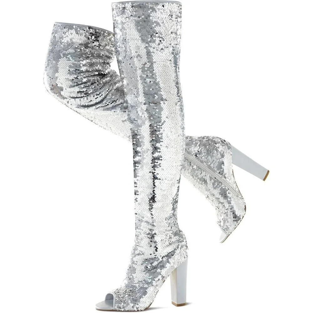 Women Sliver Sequin Over The Knee High Party Prom Open Toe Chunky High Heel Boot